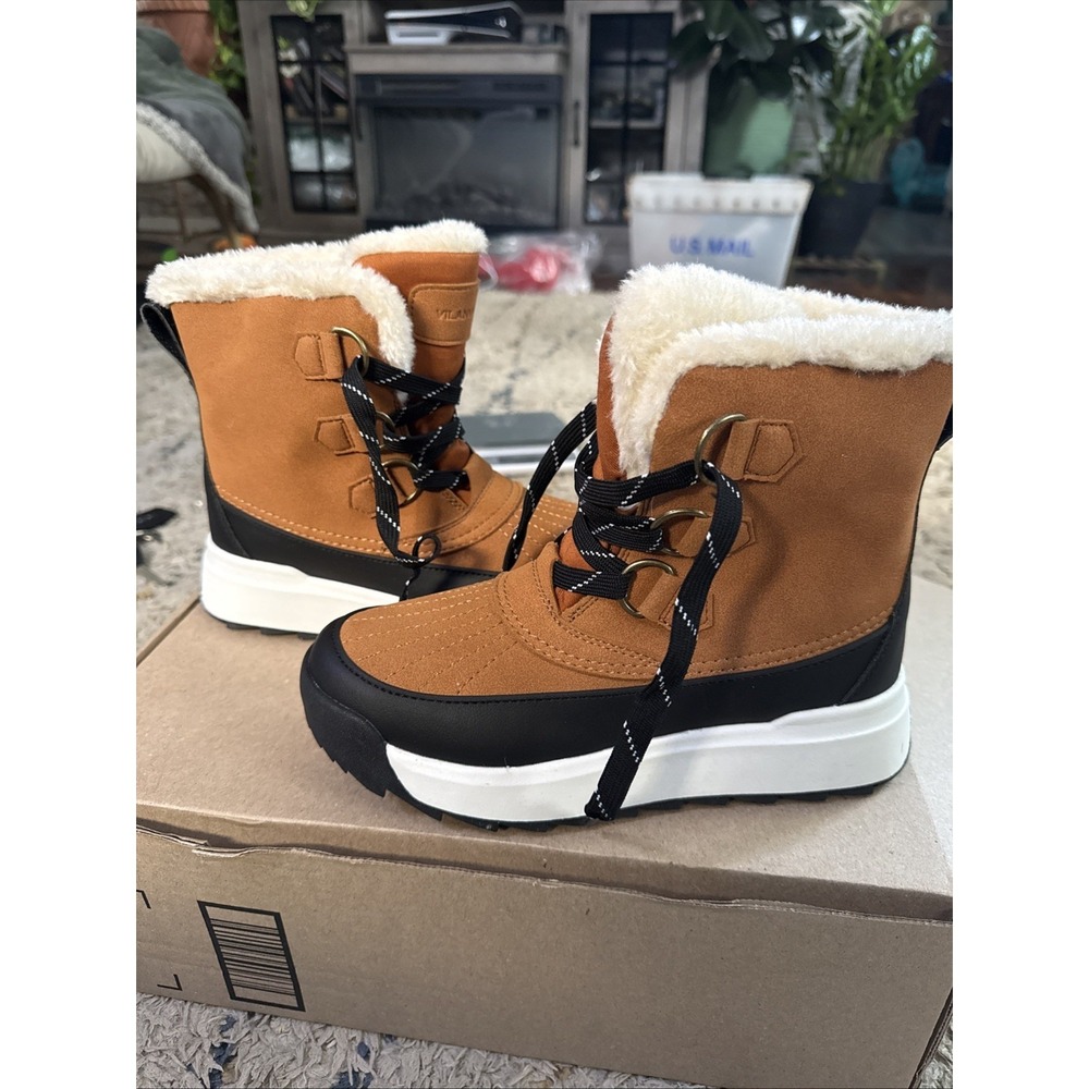 VILANVA Women's Winter Boots Size 8 Brown Faux Fur Lined Lace Up NEW